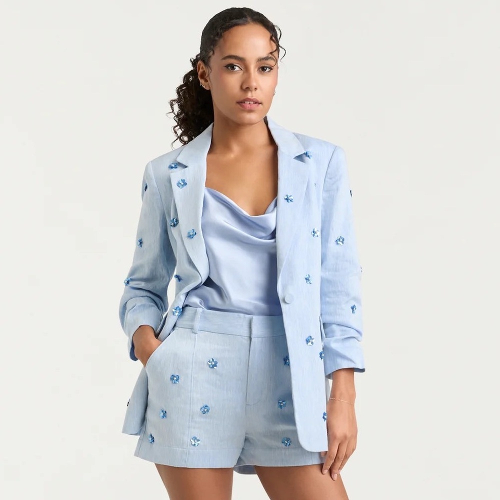NEW NWT Cinq A Sept Kylie Embellished Linen Blazer & Tora Shorts Blue Hydrangea